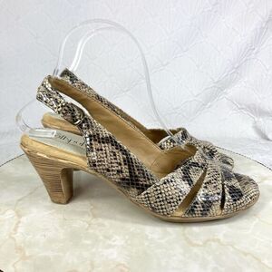 Softspots Neima Strap Heel Sandals Womens 8.5 Brown Snake Print Leather Elegant